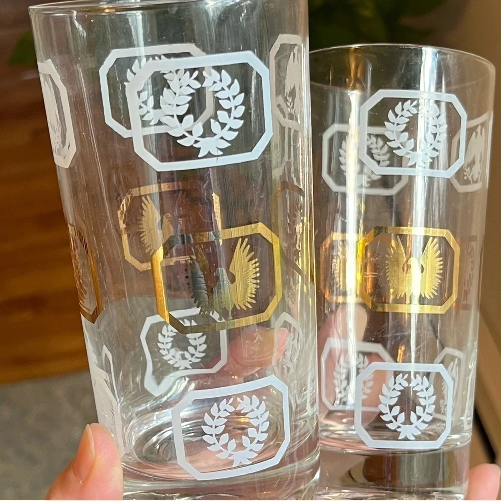 Highball Glasses Set of 2 Vintage Gold & White w/ Eagles Laurel Wreaths